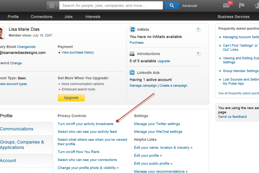 adjusting your settings in LinkedIn
