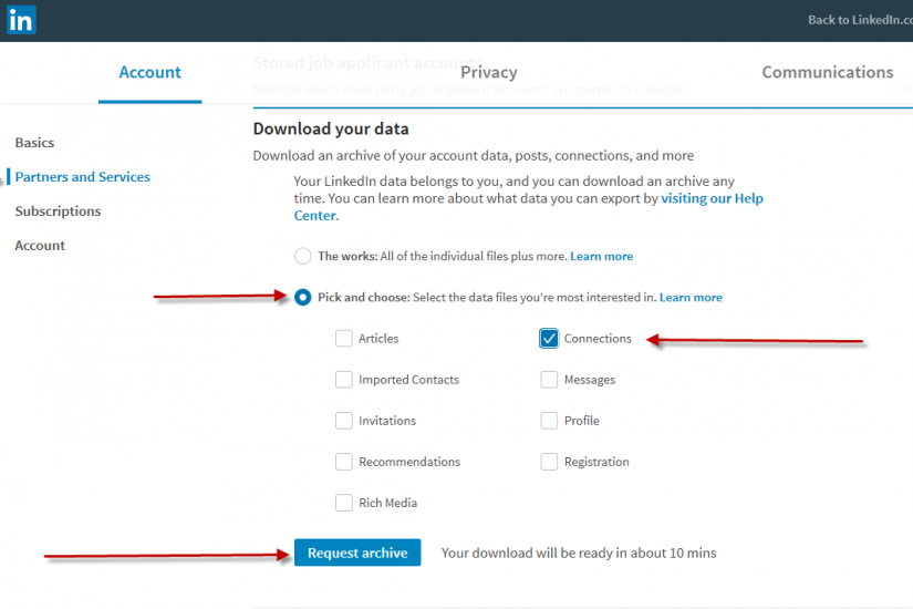 How to export LinkedIn Contacts