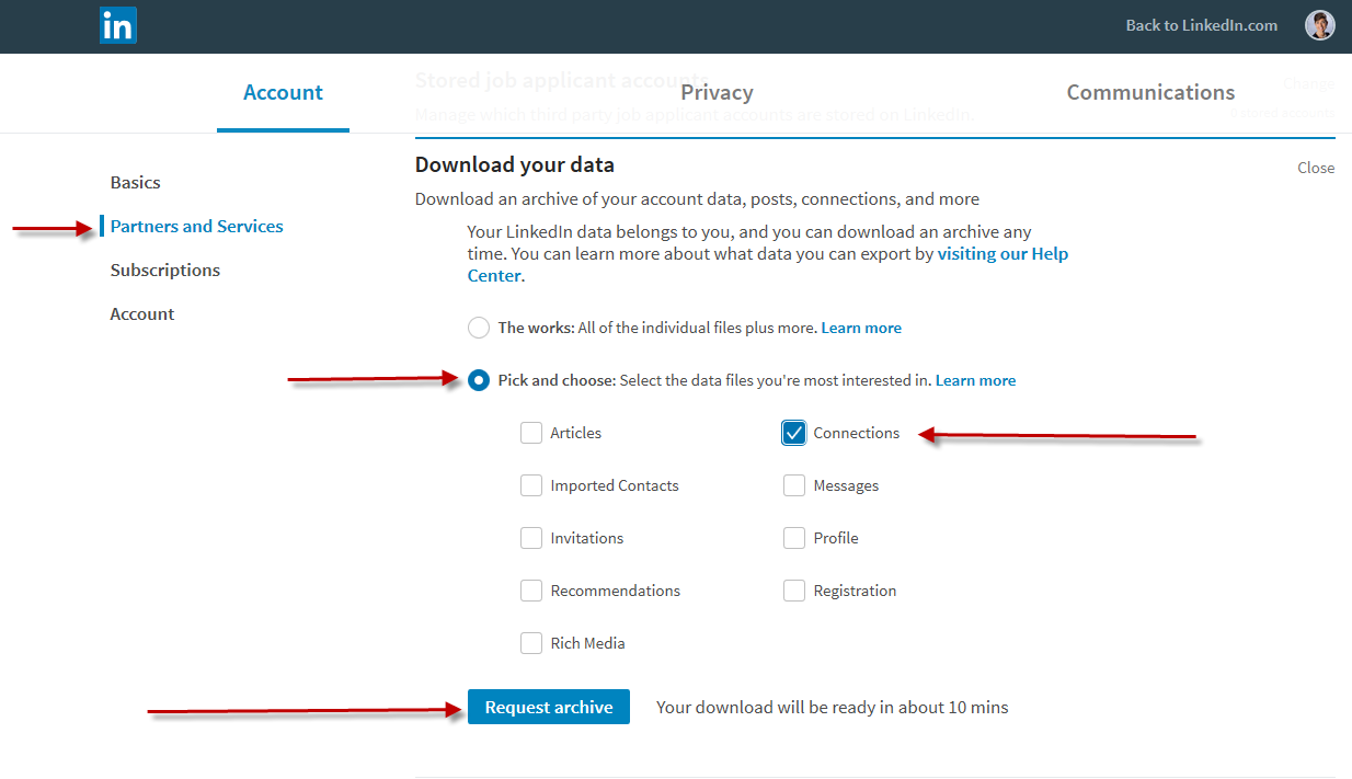 How to export LinkedIn Connections